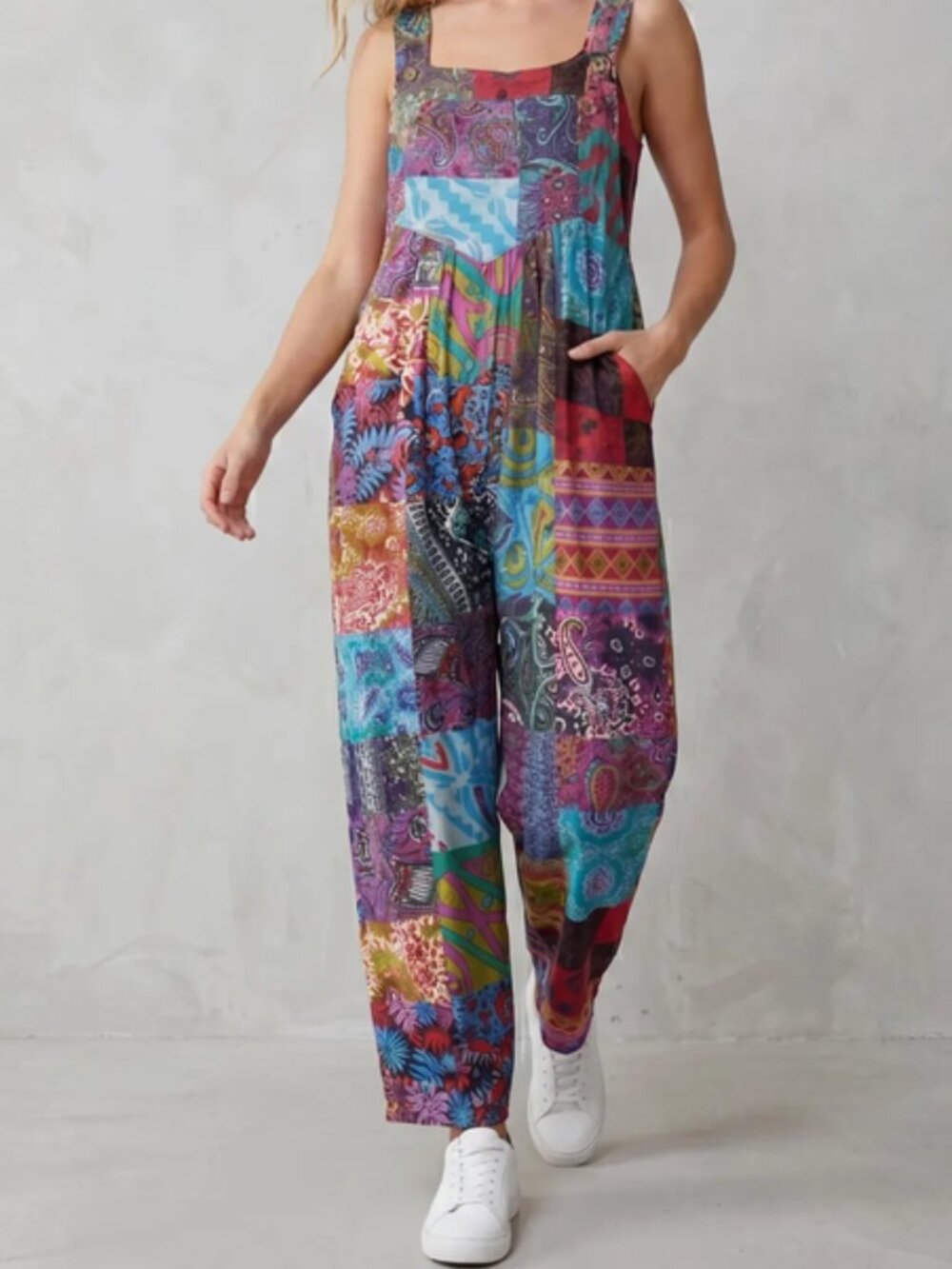 PATCHWORK Jumpsuit Multicolor Wide Leg Bib Pocket Cotton Blend Bohemian Romper